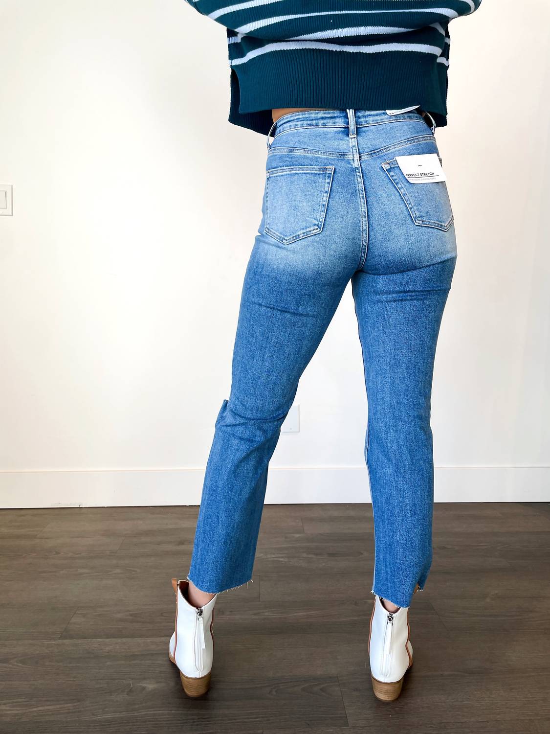 Bayeas Frankie Super High Rise Slim Straight Jeans in blue - women's jeans - detail view