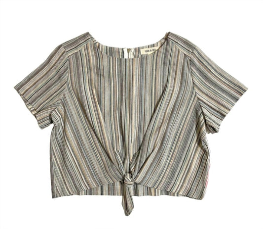 Fashion On Earth - Women's Striped Linen Cotton Front Tie Short Sleeve Crop Top