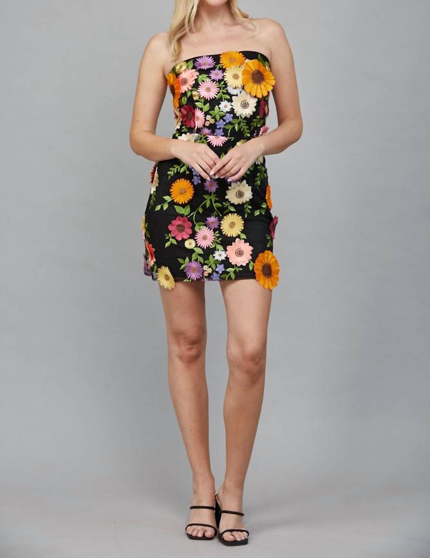 Fate All Over Flower Appliqué Strapless Dress in black multi - women's dress - alternate view
