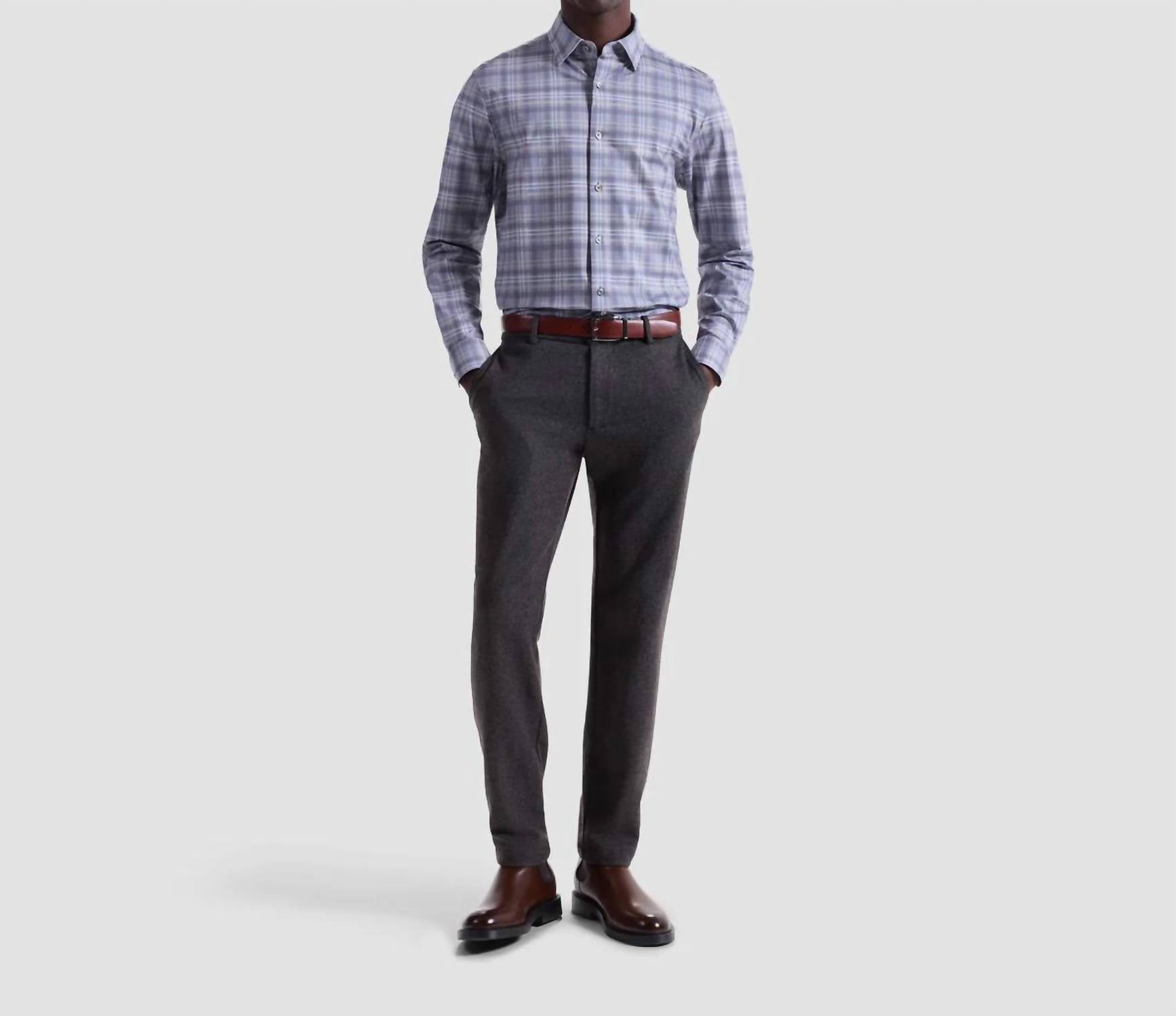 Bugatchi Uomo Herringbone Stacked Check 8 Way Stretch Shirt in cement - men's shirt