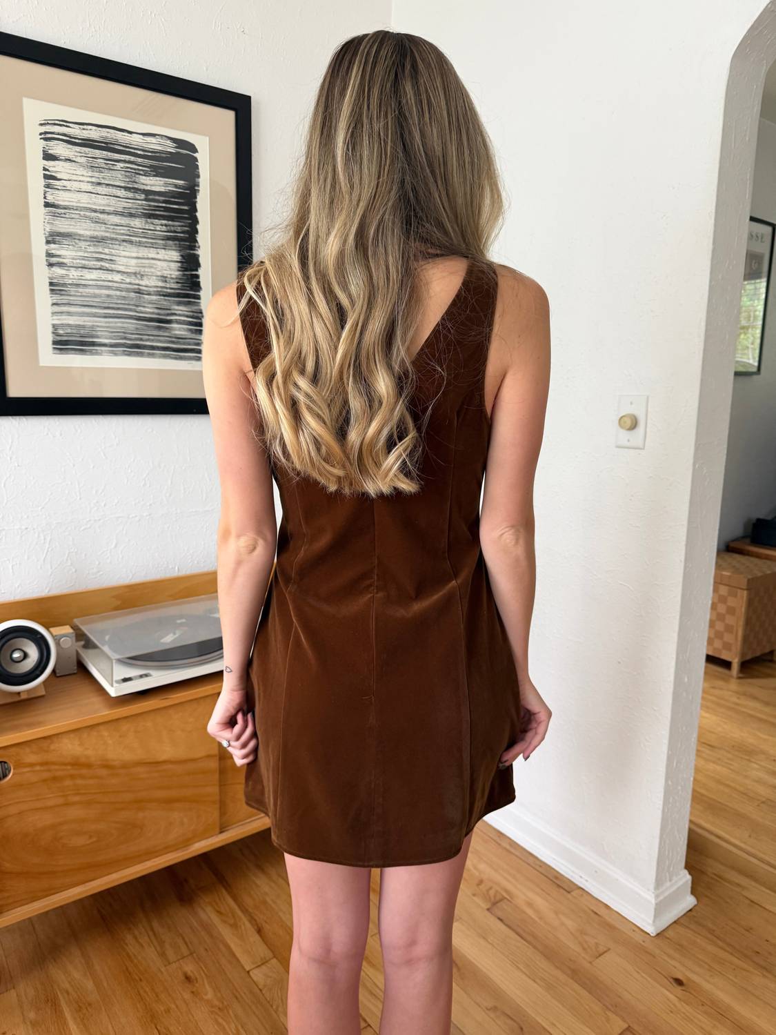 Sofie the Label Kiara Velvet High Neck Mini Dress in brown - women's dress - detail view