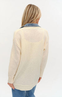 SIX/FIFTY Rachel Mixed Media Cardigan in denim mix - women's cardigan - detail view