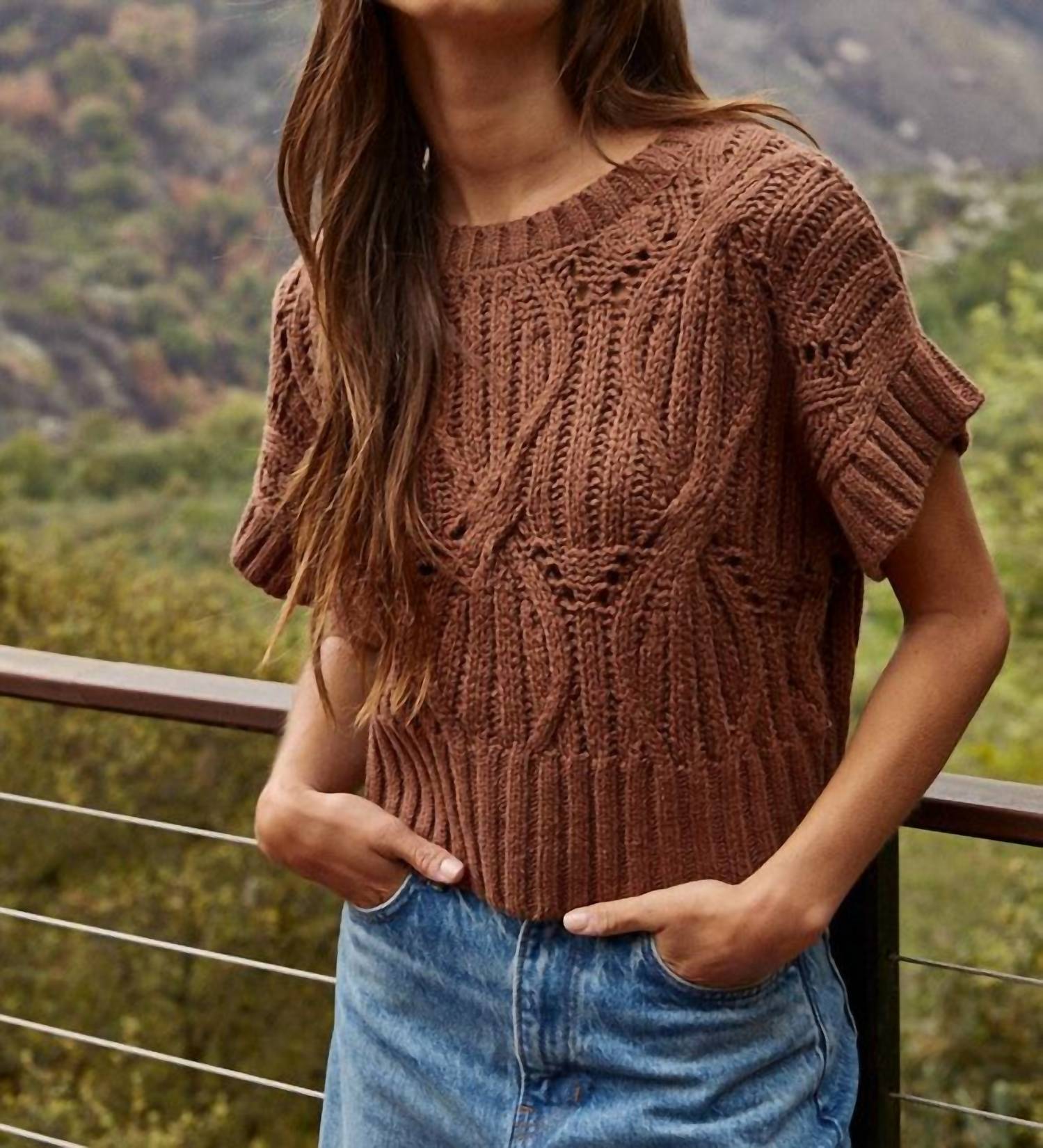 Urban Daizy Women's Knit Sweater Crochet Round Neck Short Sleeve Top in brown - women's sweater