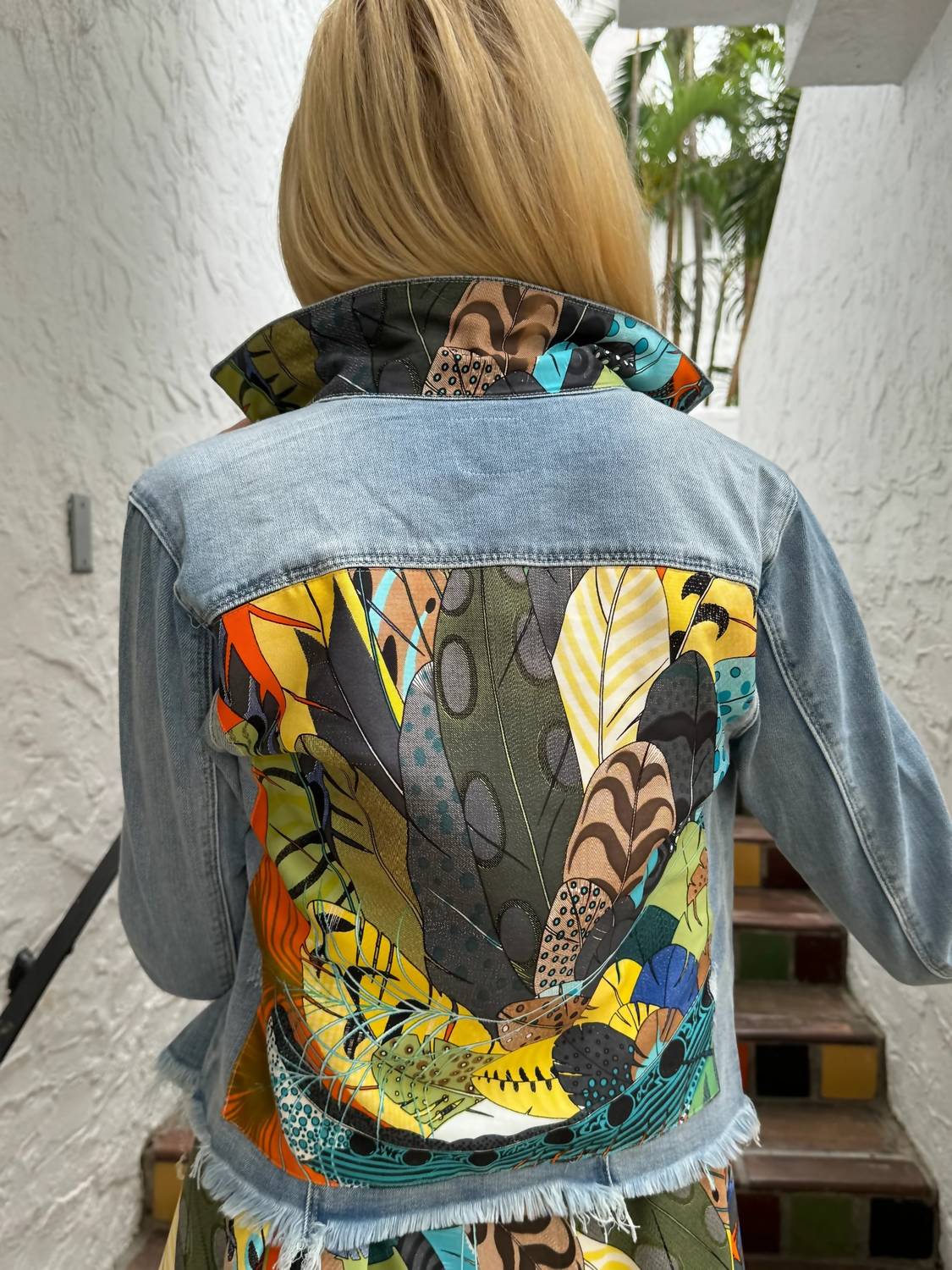 Stacy Bradley Light Denim Jacket in orange feather - women's jacket - detail view