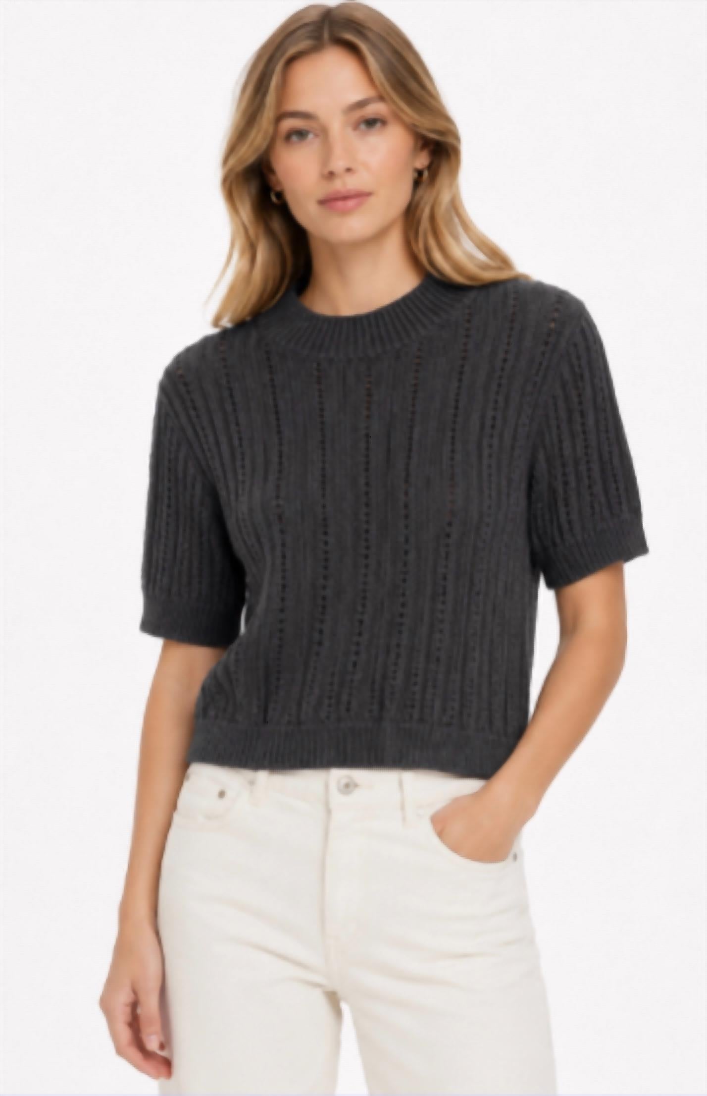 Autumn Cashmere - Rib Pointelle Short Sleeve Mock Top