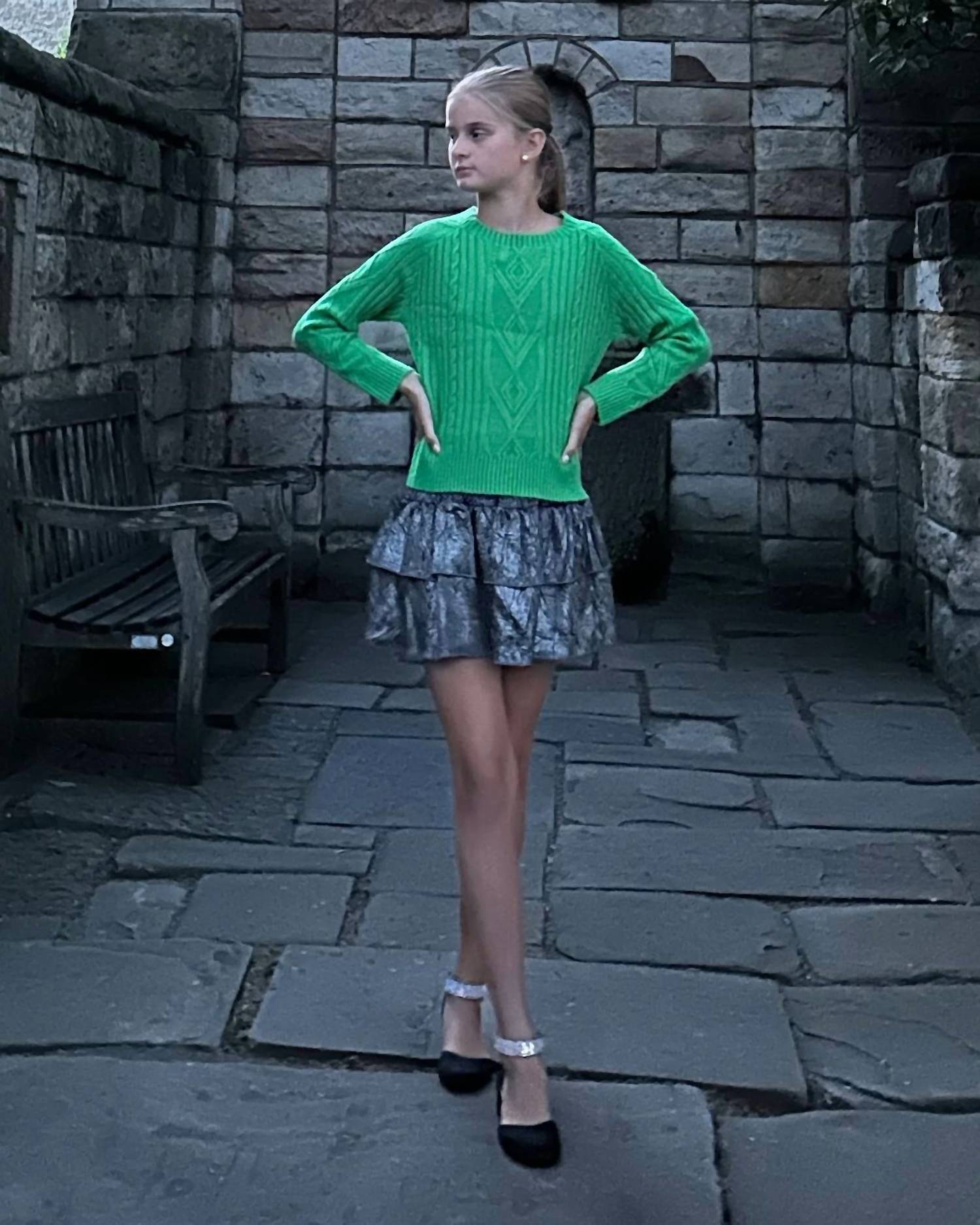 little Olin Girl's Braided Knit Sweater in green - kids' sweater - alternate view
