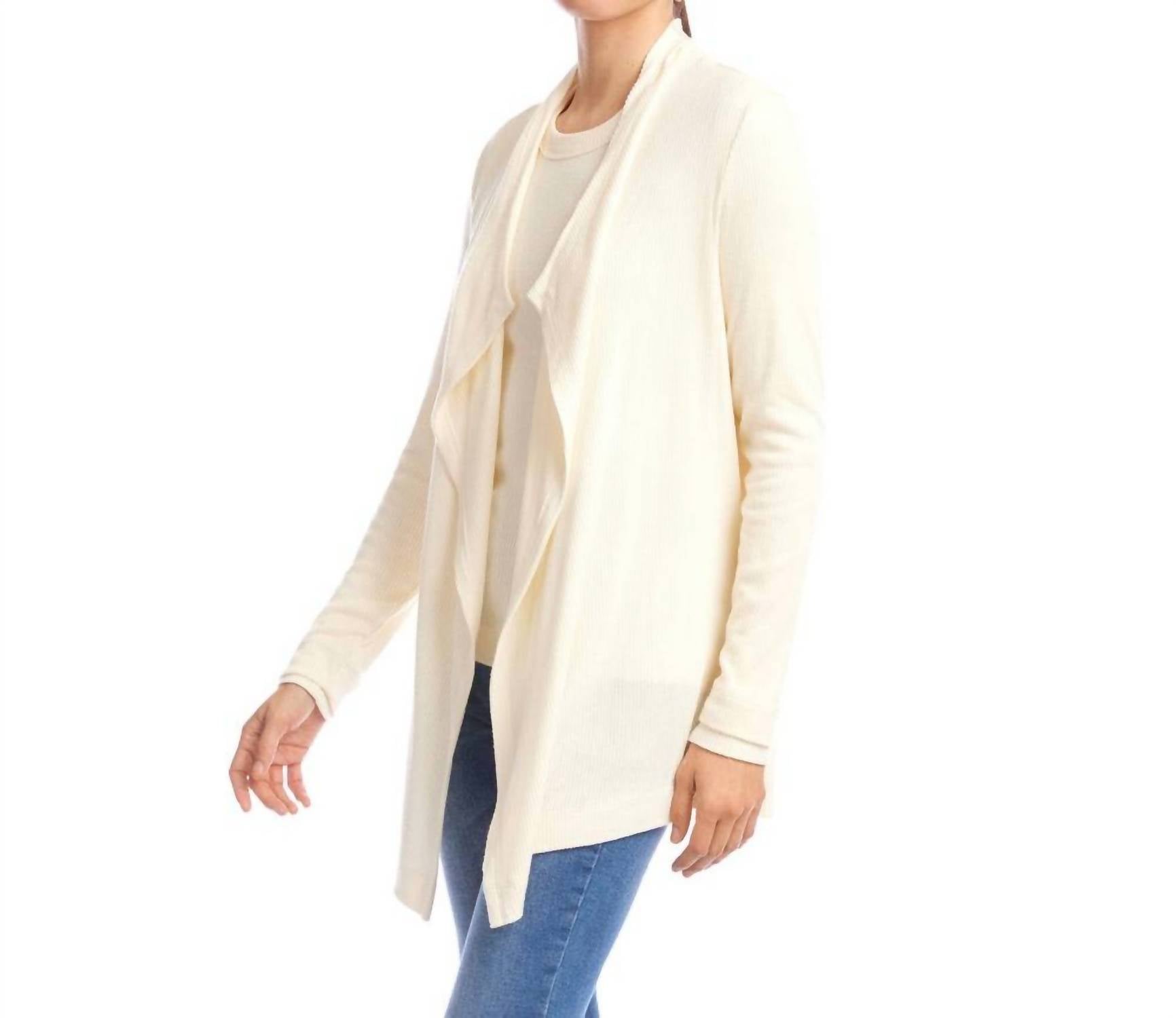 Karen Kane Long Sleeve Ribbed Drape Front Cardigan - Petite in dark cream - women's cardigan - alternate view