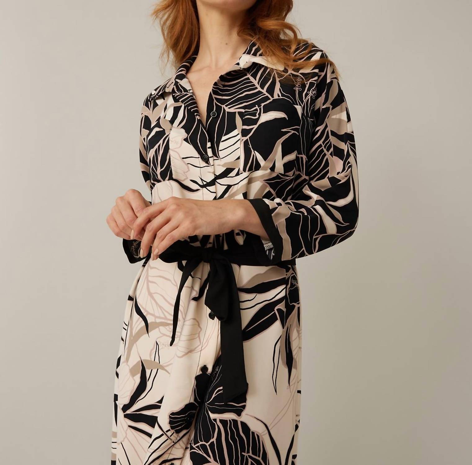 Joseph Ribkoff Floral Belted Shirt Dress in beige black - women's dress - alternate view