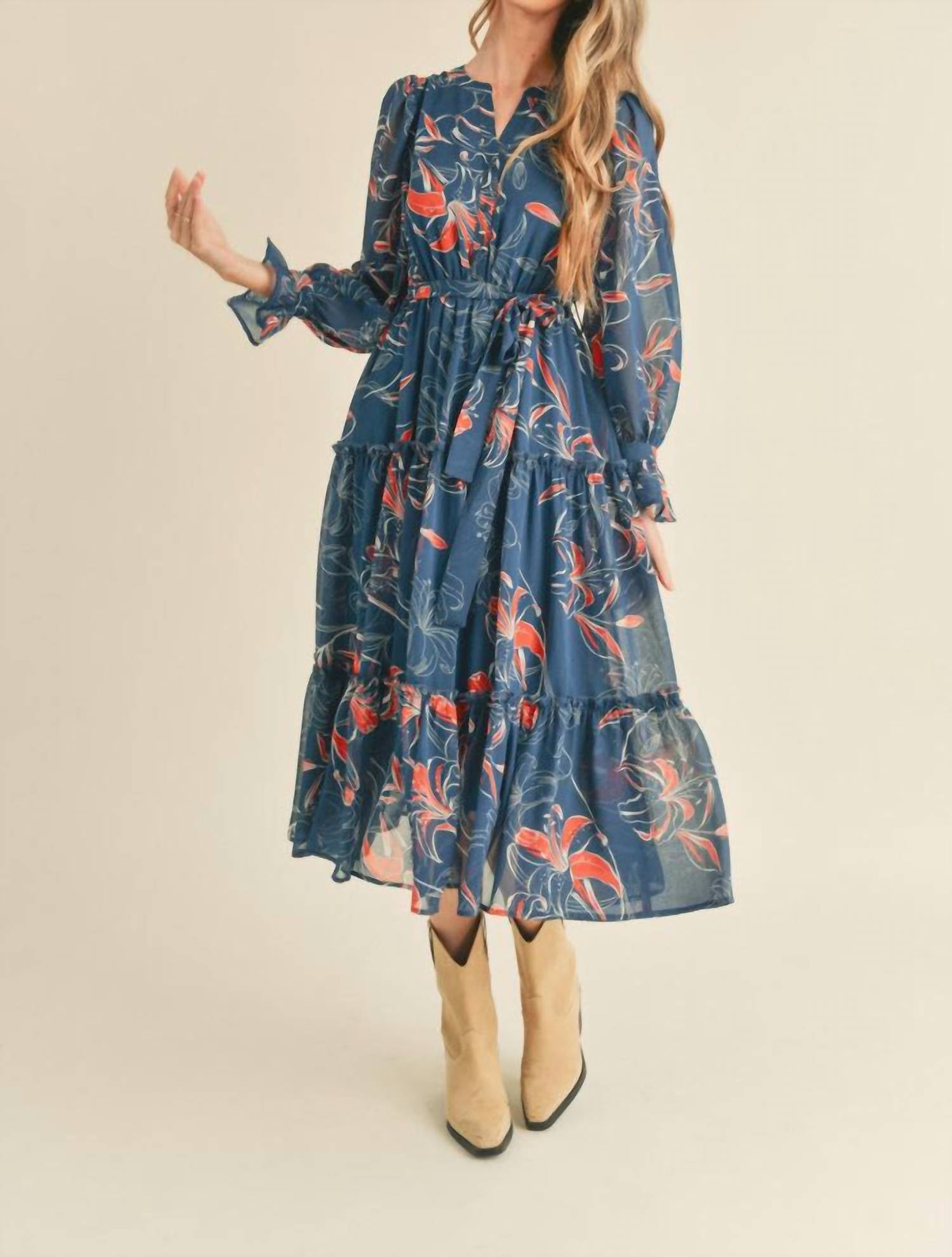 Merci Exclusive Floral Print Tiered Midi Long Sleeve Dress in teal combo - women's dress - detail view