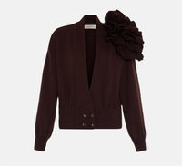 THEO the Label Nomia Ribbed Waist Rosette Cardigan Top in koffee - women's sweater - detail view
