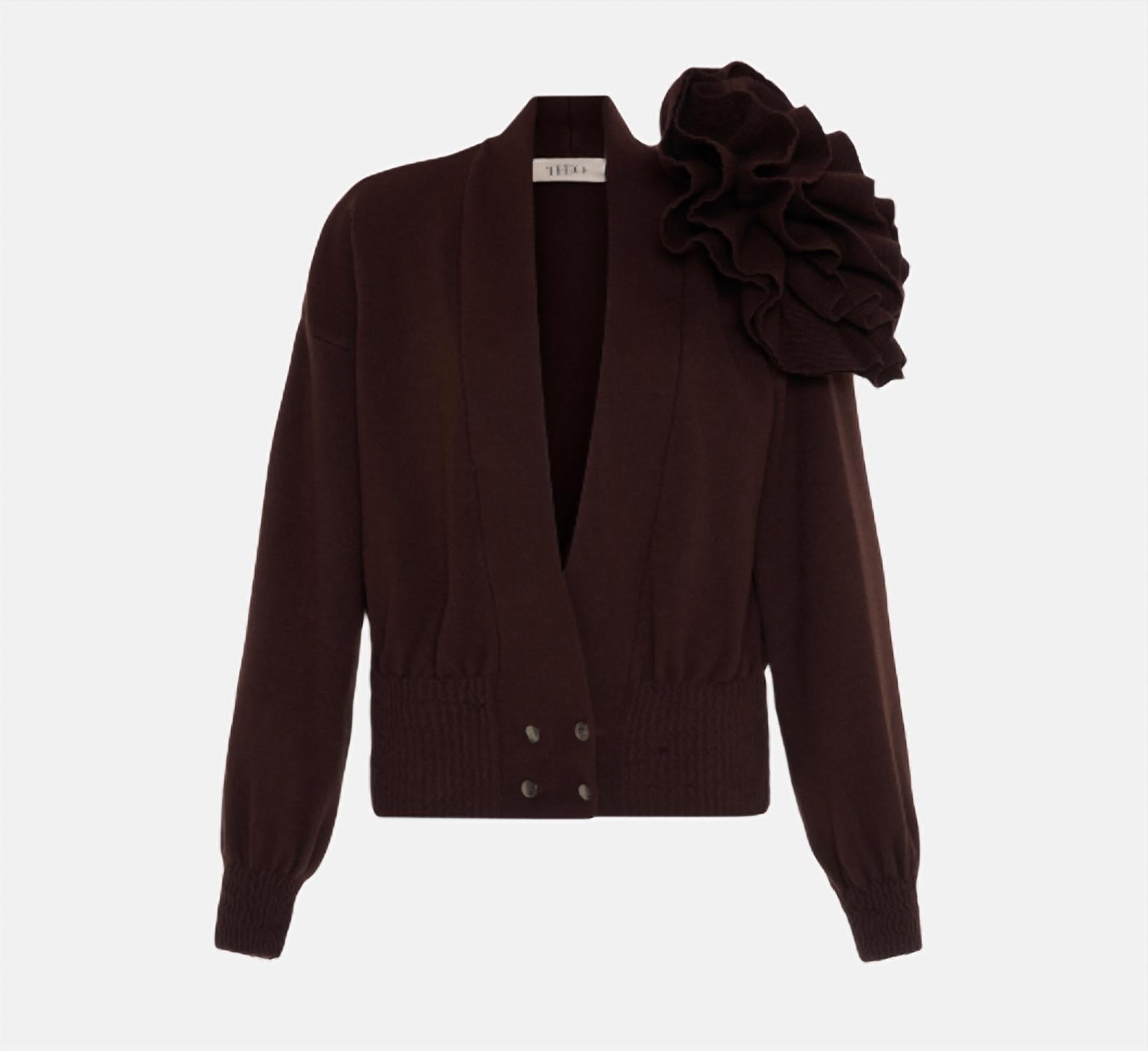 THEO the Label Nomia Ribbed Waist Rosette Cardigan Top in koffee - women's sweater - detail view