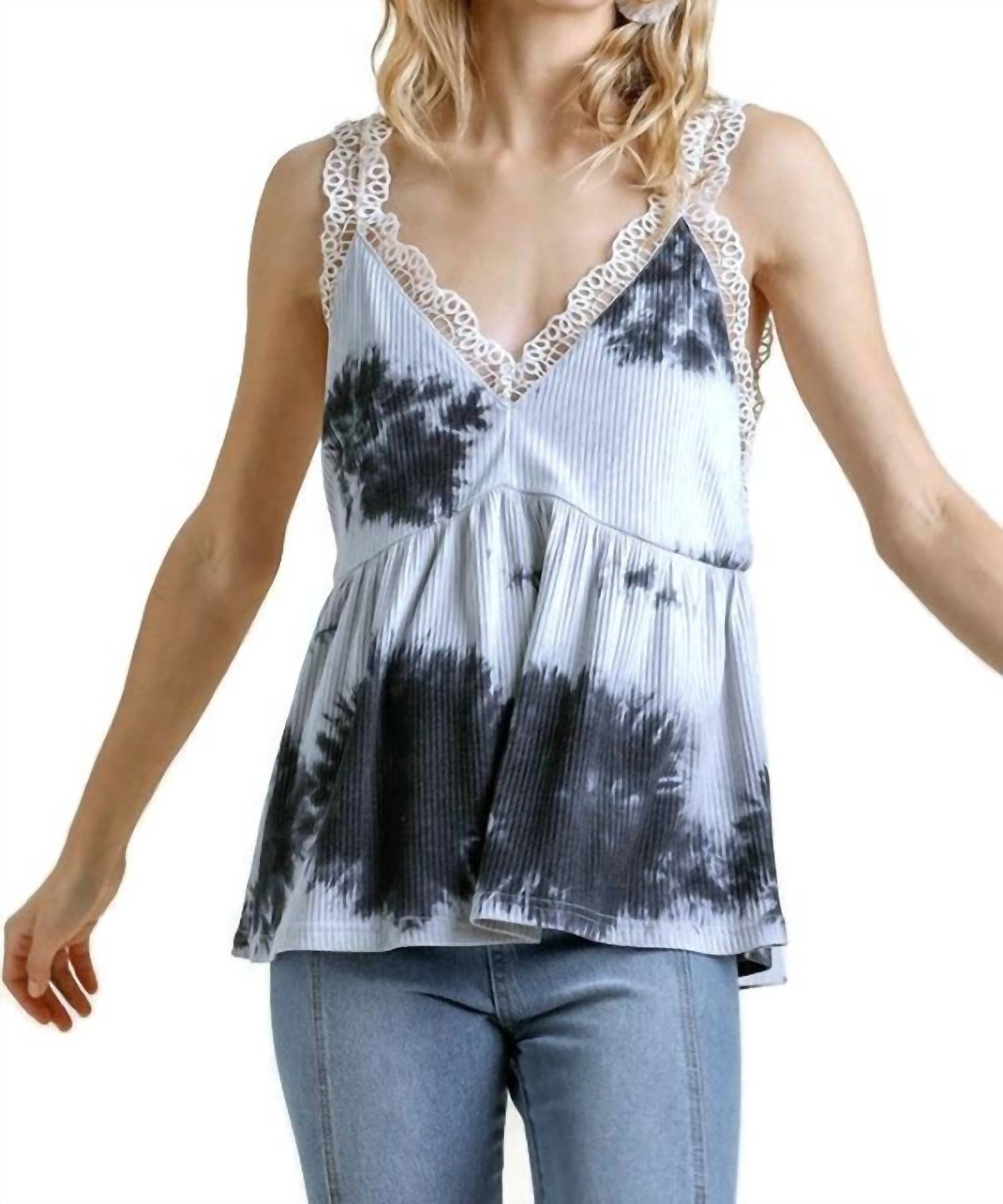 umgee Tie Dye Babydoll Top in grey - women's blouse