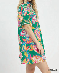 Umgee - Jacquard Paisley Print Puff Sleeve Mini Tunic Dress