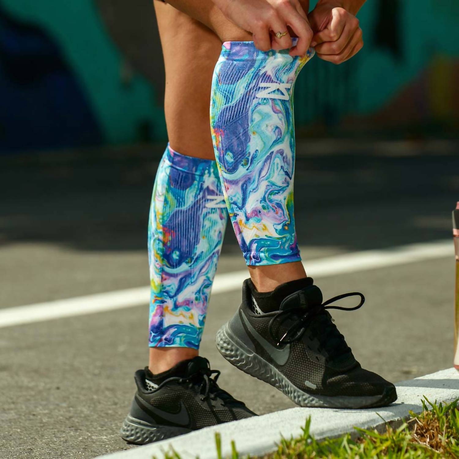 Zensah Print Compression Leg Sleeves in fluid art multi - men's item - detail view