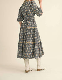 &Merci - Bubble Sleeve Lace Trim Midi Dress