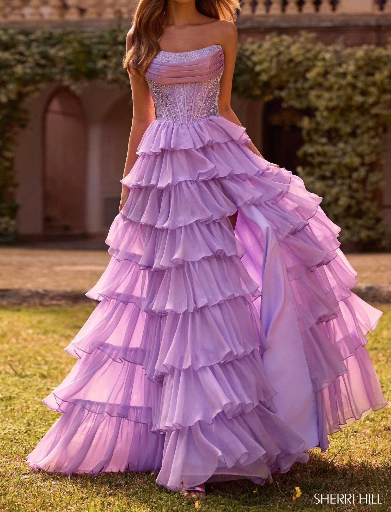 Sherri Hill Tiered Skirt Strapless Dress in lilac - women's dress
