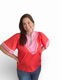 Thml - Wide Sleeve Contrast Trim V-neck Top