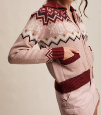 Listicle Retro Floral Knit Zip Up Cardigan in burgundy multi - women's cardigan - alternate view