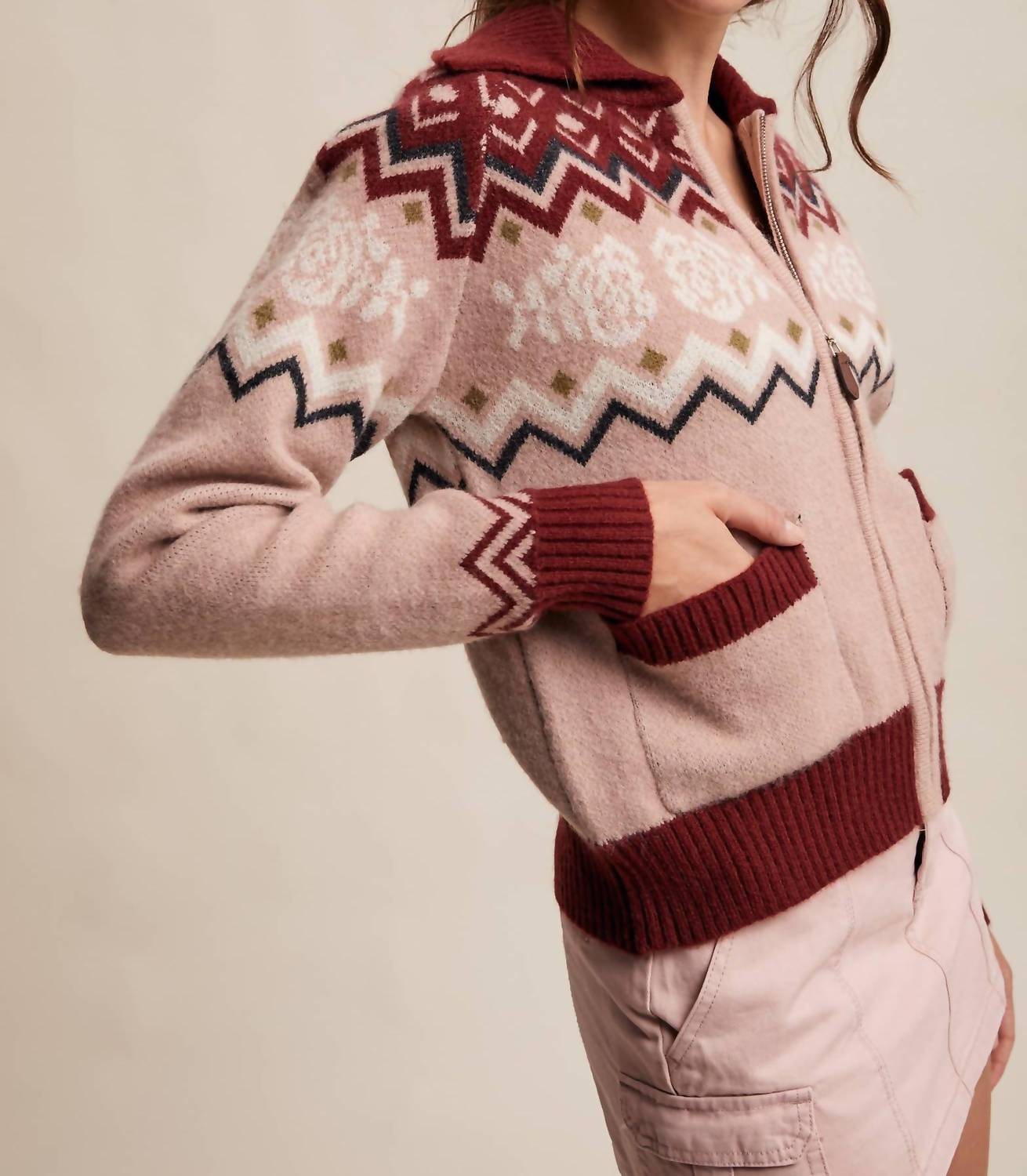 Listicle Retro Floral Knit Zip Up Cardigan in burgundy multi - women's cardigan - alternate view