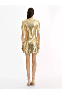 Oscar de la Renta Short Sleeve Foil Lace Embroidered Knit Dress in gold - women's dress - alternate view