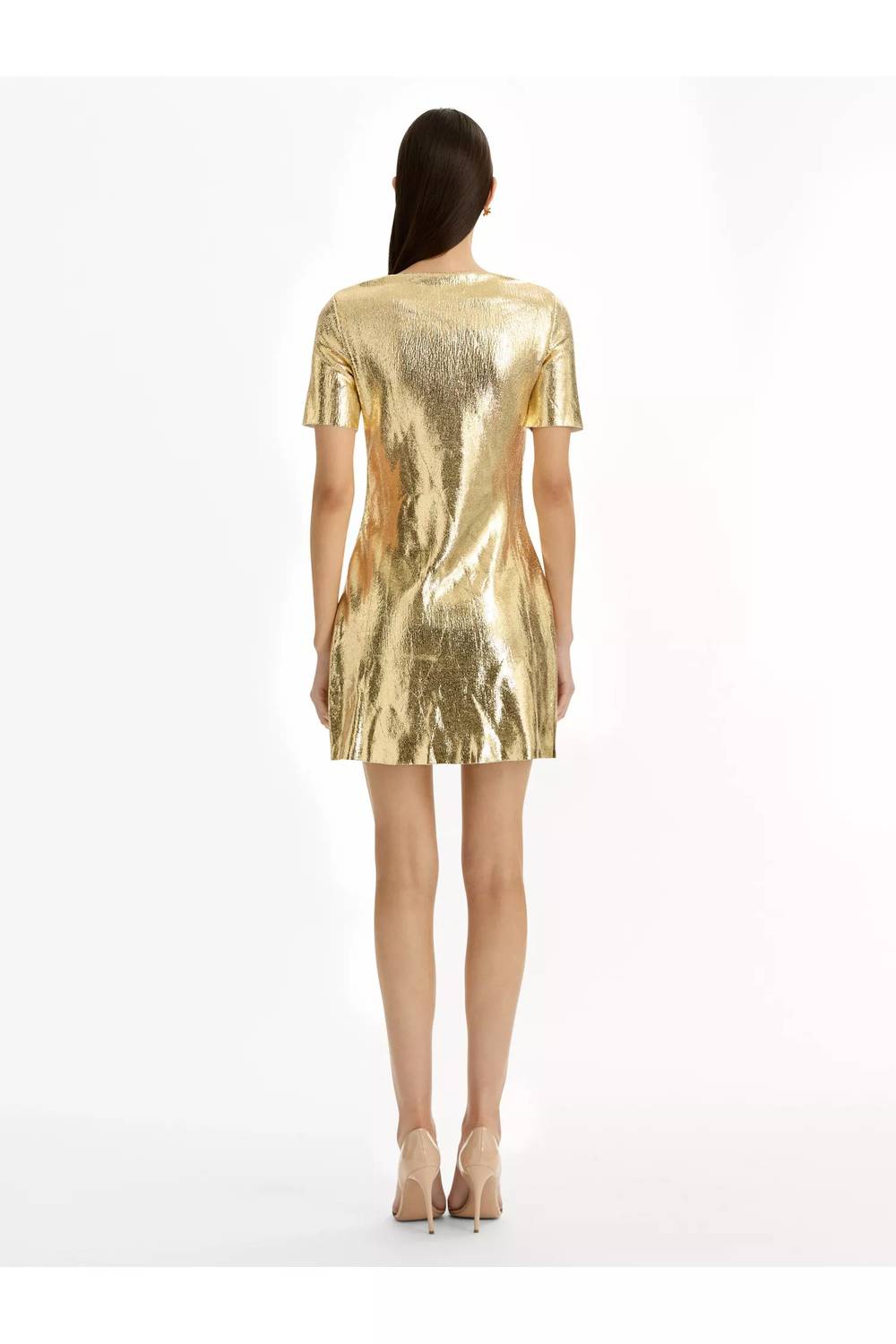 Oscar de la Renta Short Sleeve Foil Lace Embroidered Knit Dress in gold - women's dress - alternate view