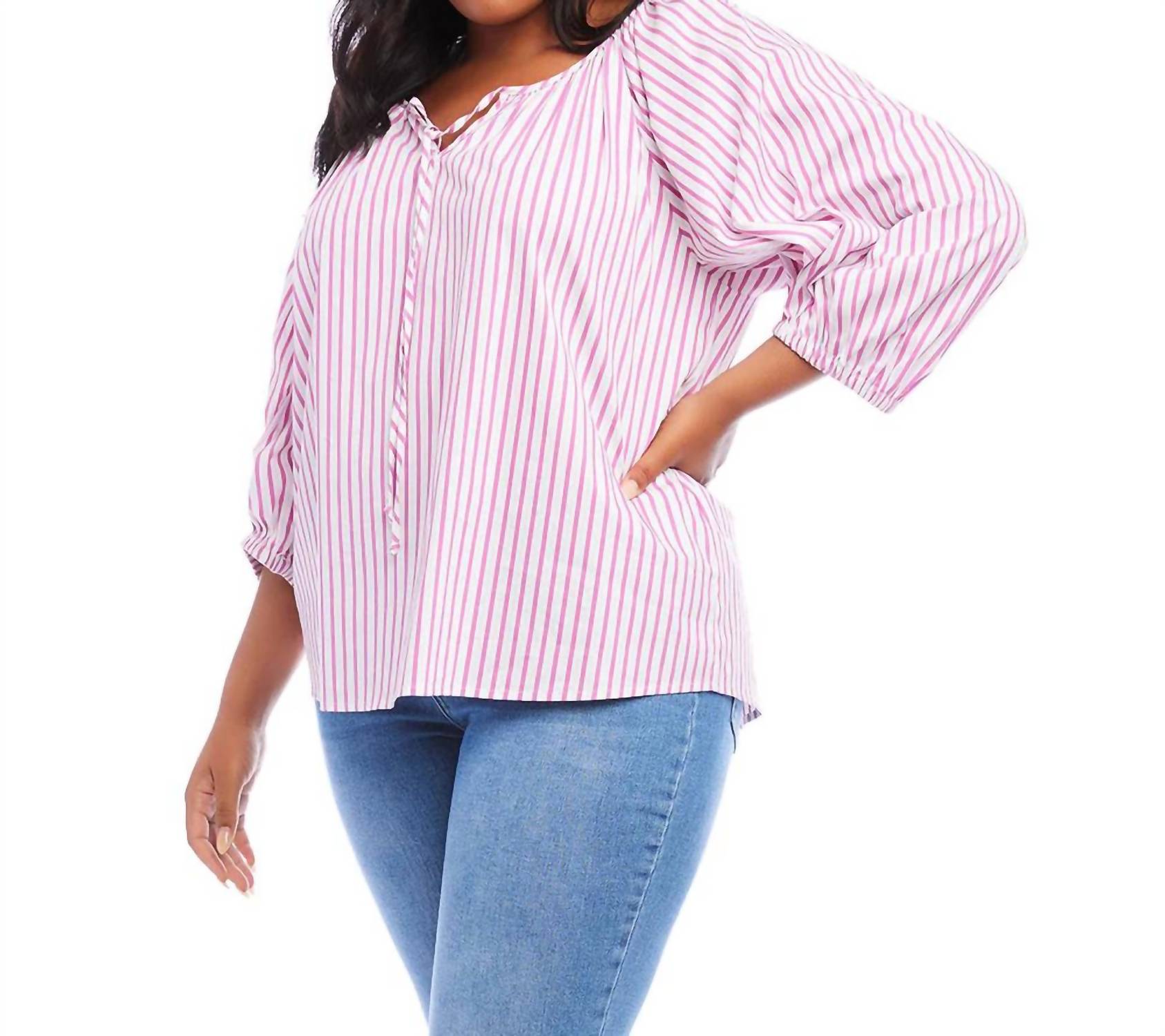 Karen Kane Selina Stripe Shirt - Plus in fuchsia - women's long sleeve top - alternate view