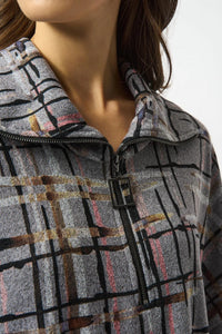 Joseph Ribkoff - Plaid Print Zipped Collar Sweater Top