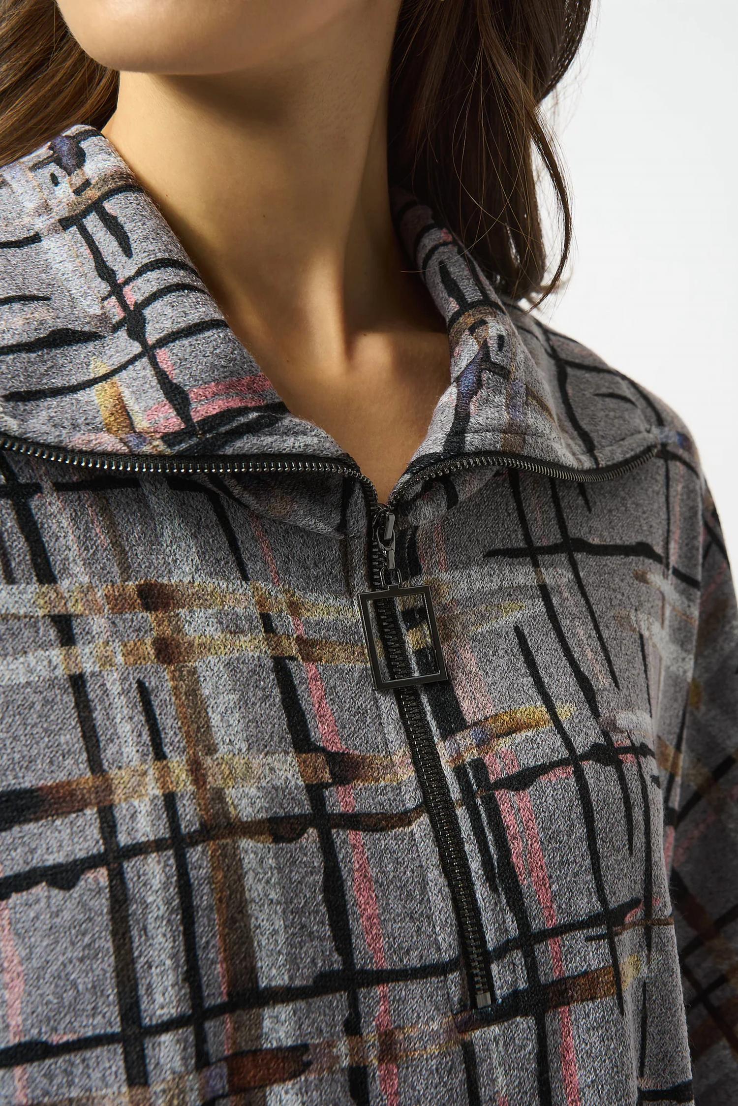 Joseph Ribkoff - Plaid Print Zipped Collar Sweater Top