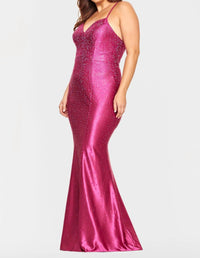 Faviana - Satin V-neck Rhinestone Gown