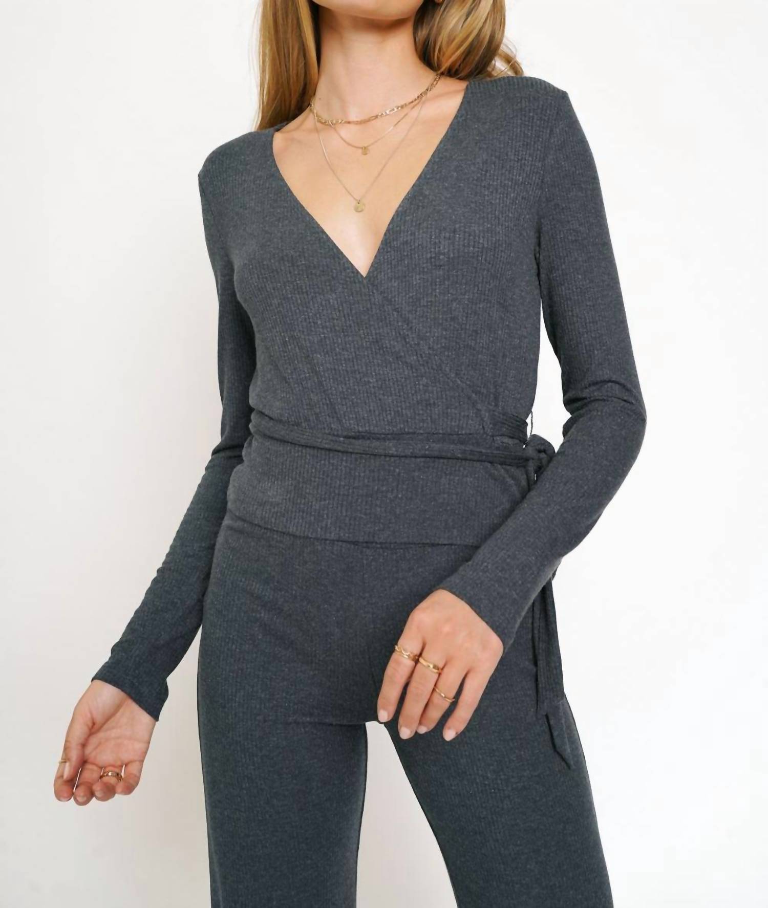 Mystree - Wrap Tie Front Long Sleeve Rib Top