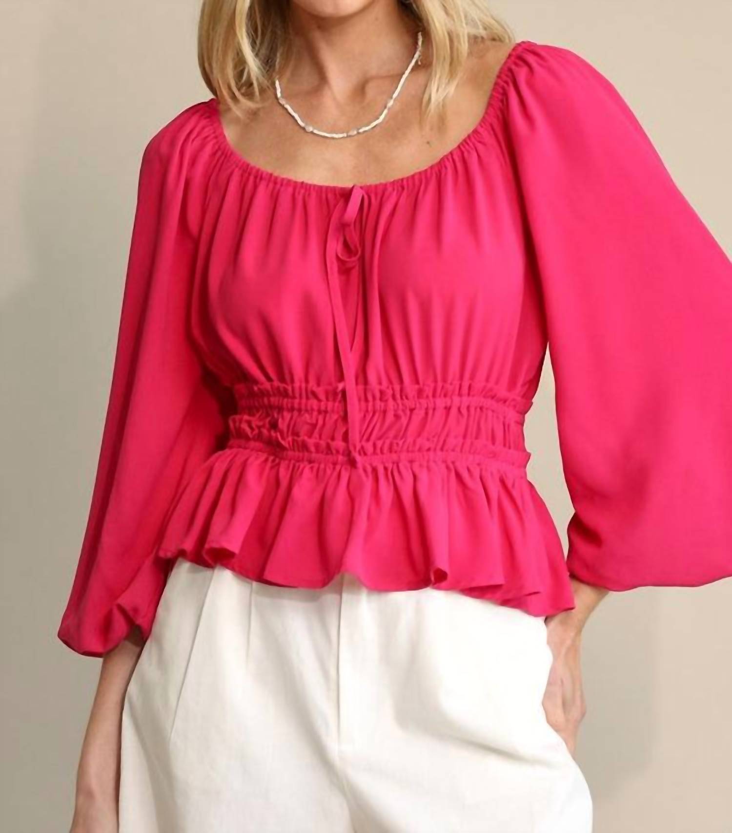 Gigio - Bubble Sleeve & Elastic Waist With Front Tie Top