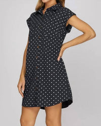 She + Sky - Sleeveless Polka Dot Twill Shirt Mini Dress