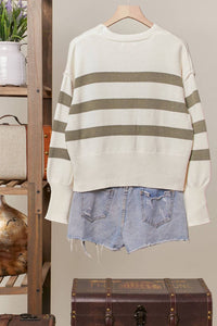 Mello Women's Striped V-neck Knit Cardigan in ivory - women's cardigan - detail view