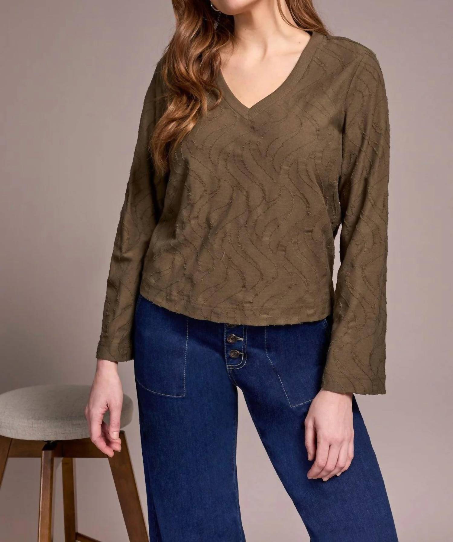 Tribal - Jacquard Knit Long Sleeve V Neck Top