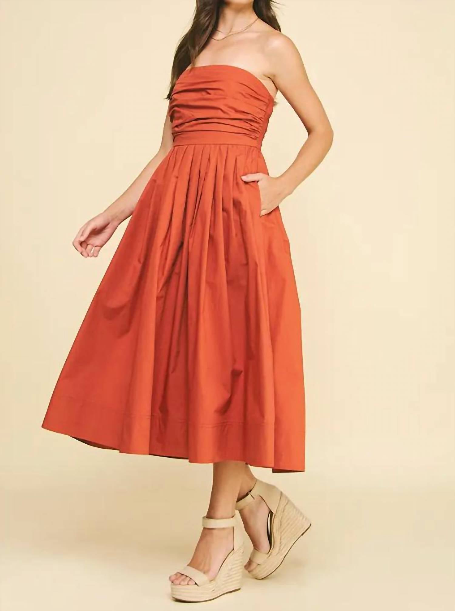 PINCH Shirring Strapless Midi Dress in orange - women's dress - detail view