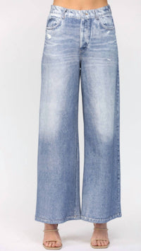 Fate Denim Print Wide Leg French Terry Pants in blue - women's pants