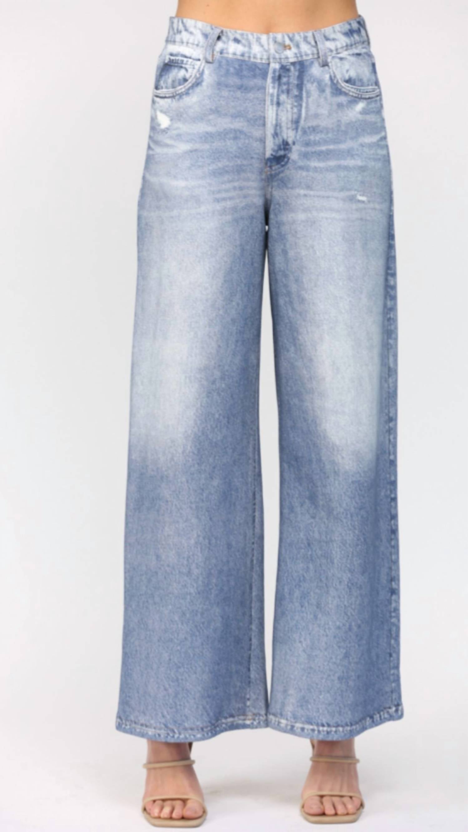 Fate Denim Print Wide Leg French Terry Pants in blue - women's pants