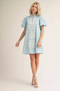 Jodifl - Puff Sleeve Floral Applique Mini Dress