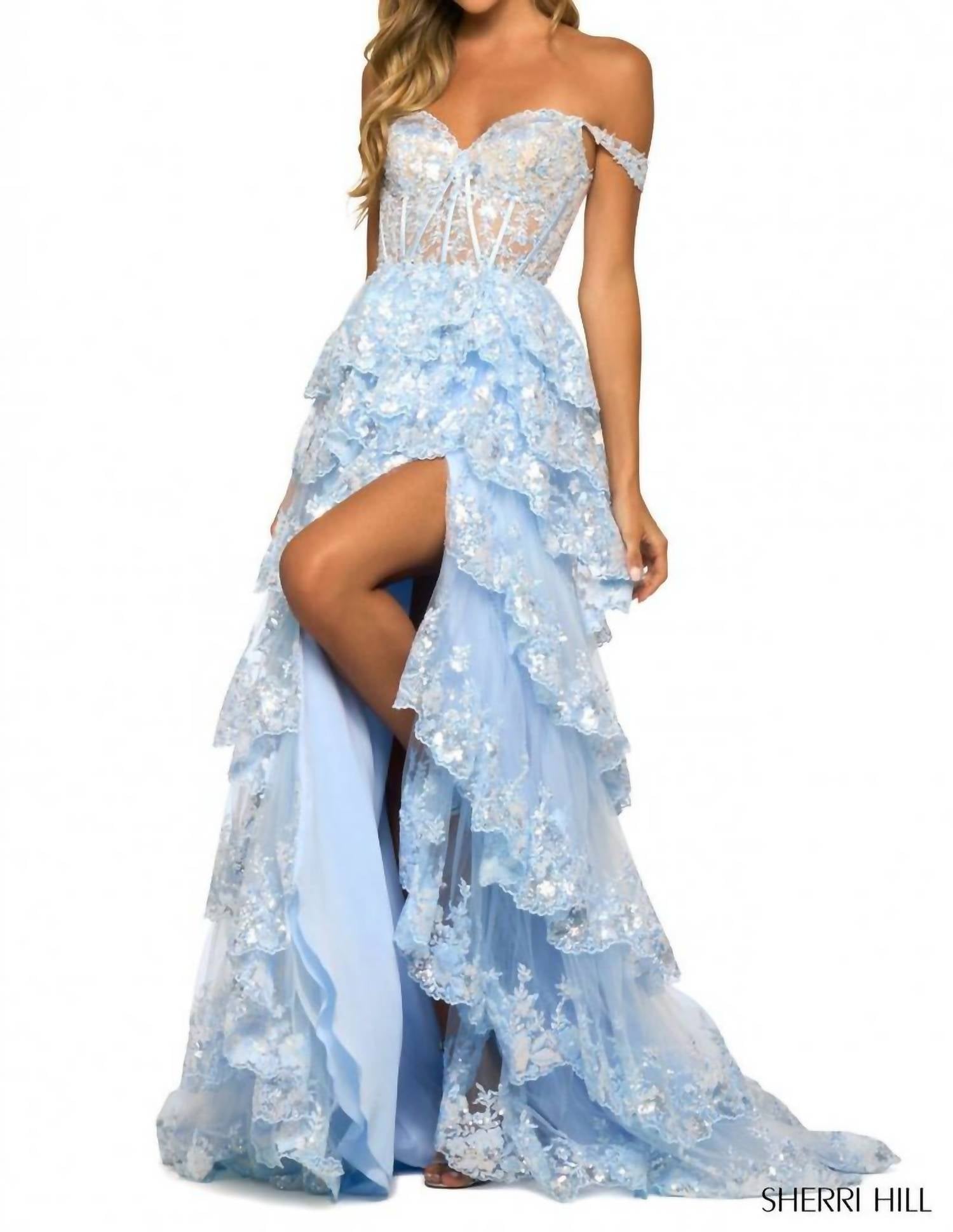 Sherri Hill Ruffle Tiered Maxi Dress in light blue - women's dress
