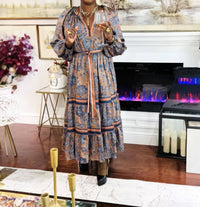 current air Split VNeck A line Floral Print Dress in brown multi - women's dress - detail view