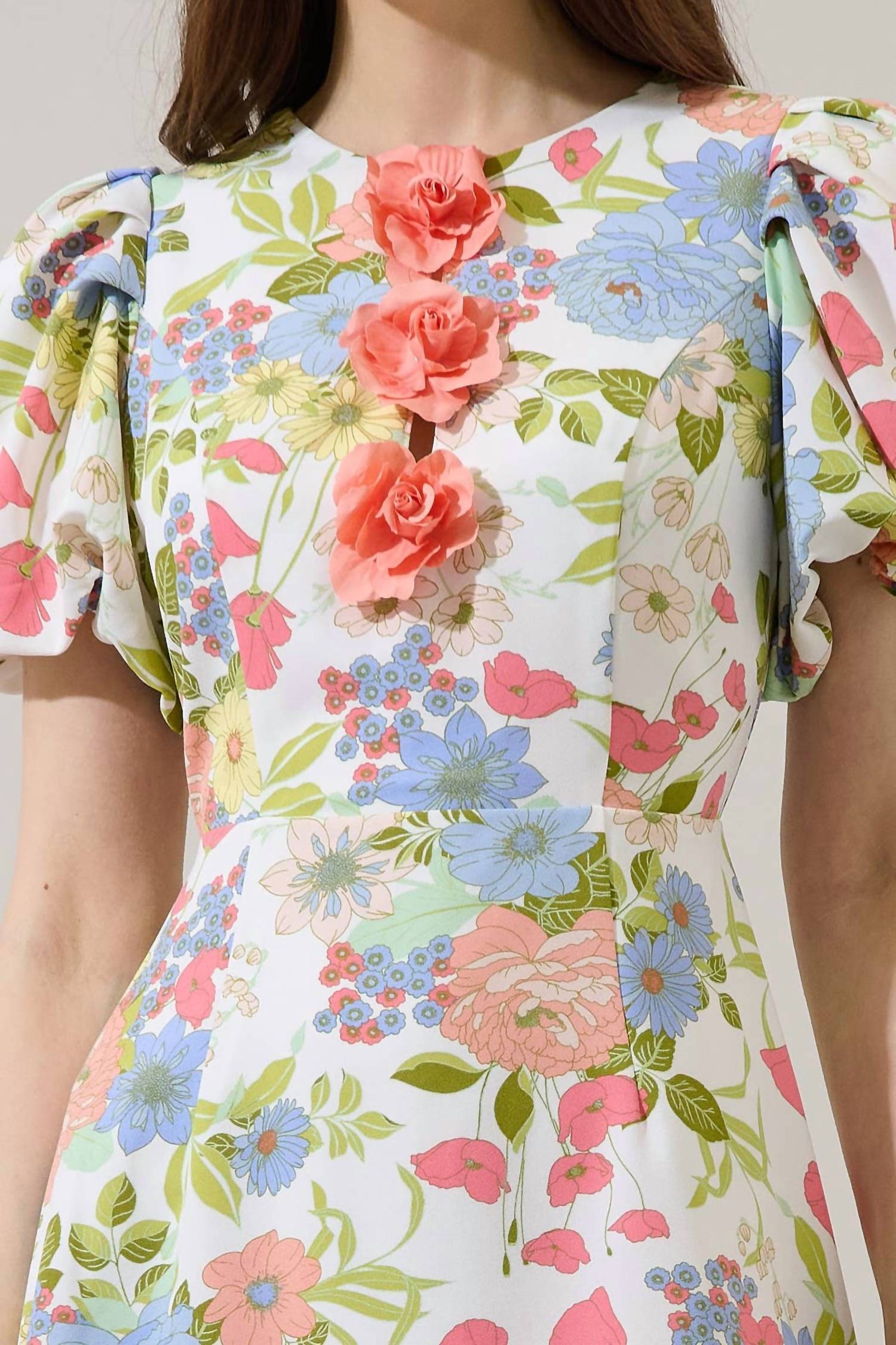 SUGARLIPS Esther Floral Rosette Bubble Sleeve Mini Dress in cream multi - women's dress - view 5