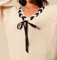 So Me - Braided Ribbon V-neck Sweater Top