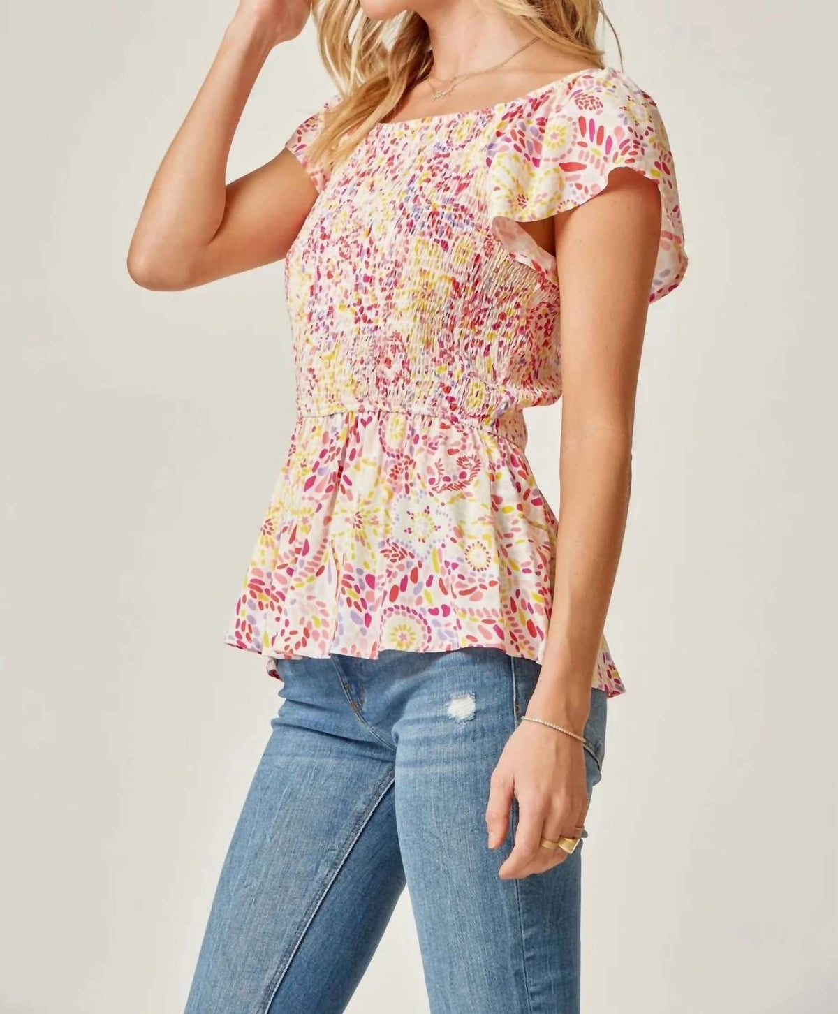 Andree By Unit - Sunshine Confetti Smocked Top With Flutter Sleeves