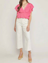 Entro - Solid V-neck Butterfly Sleeve Top