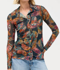 Johnny Was MESH BUTTON UP MOCK NECK TOP in ofelia teal - women's long sleeve top