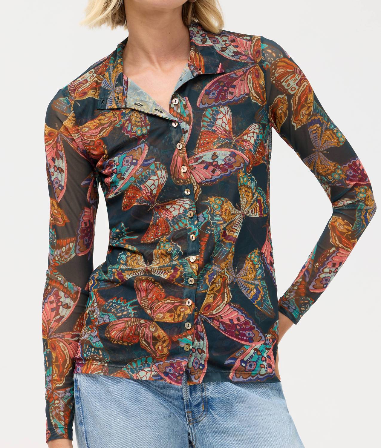 Johnny Was MESH BUTTON UP MOCK NECK TOP in ofelia teal - women's long sleeve top