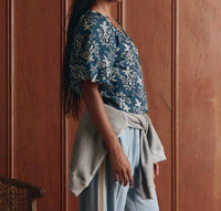 THE GREAT. Blythe Top in indigo bandana - women's blouse - detail view