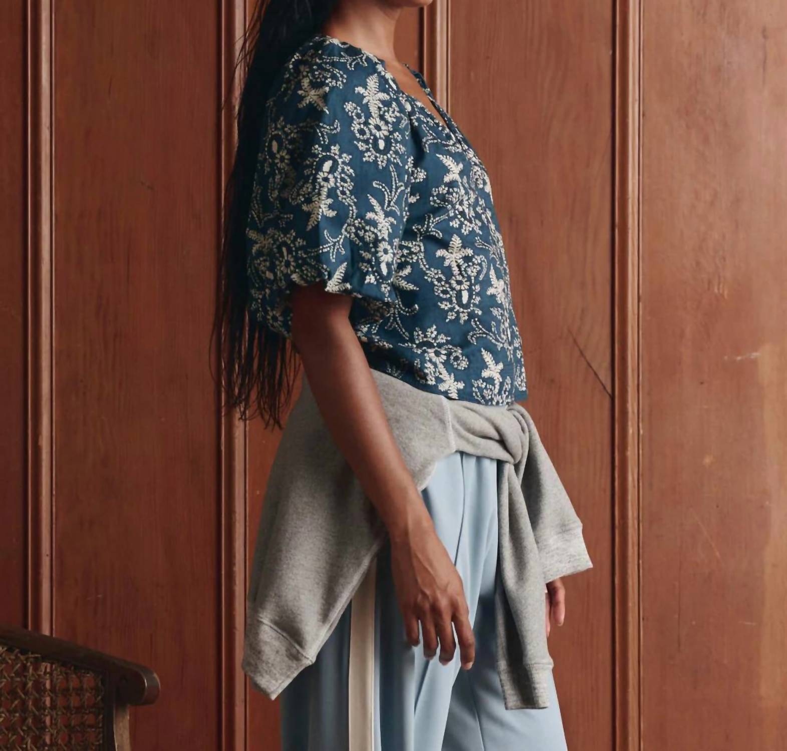THE GREAT. Blythe Top in indigo bandana - women's blouse - detail view