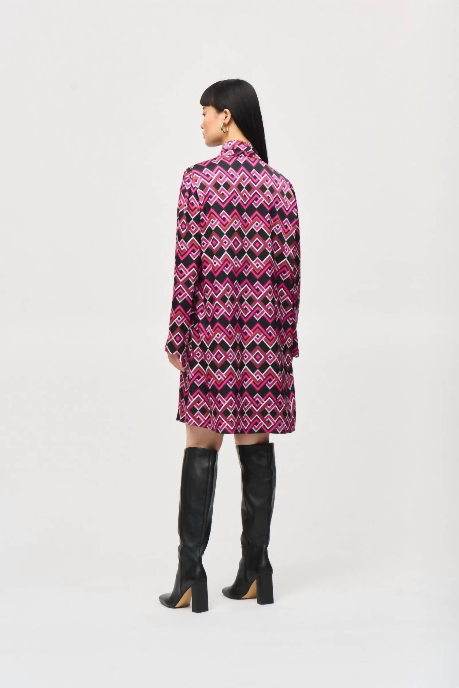 Joseph Ribkoff - Geometric Pussy Bow Satin Shift Dress