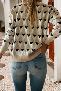 Little Daisy Closet - Geometric Heart Print Ribbed Trim Loose Sweater